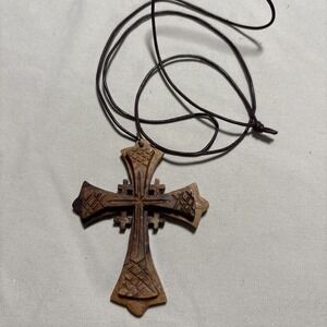 vintage olive wood carved double crusaders cross religious pendant Brown